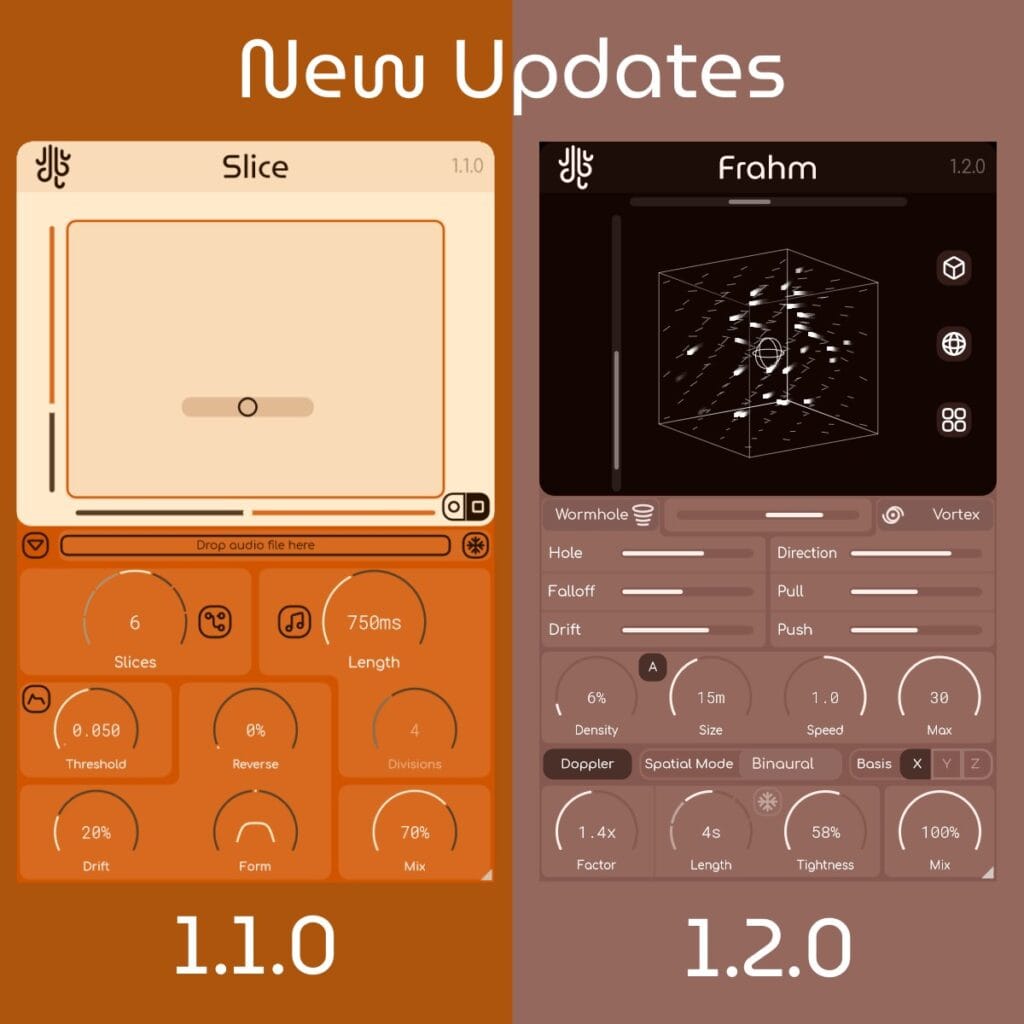 screenshot of two audio plugins, showing that they are updated, slice and frahm