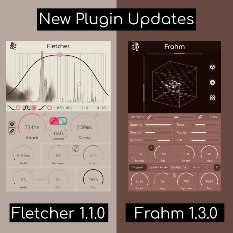 a screenshot of updated interfaces of the fletcher and frahm audio plugins